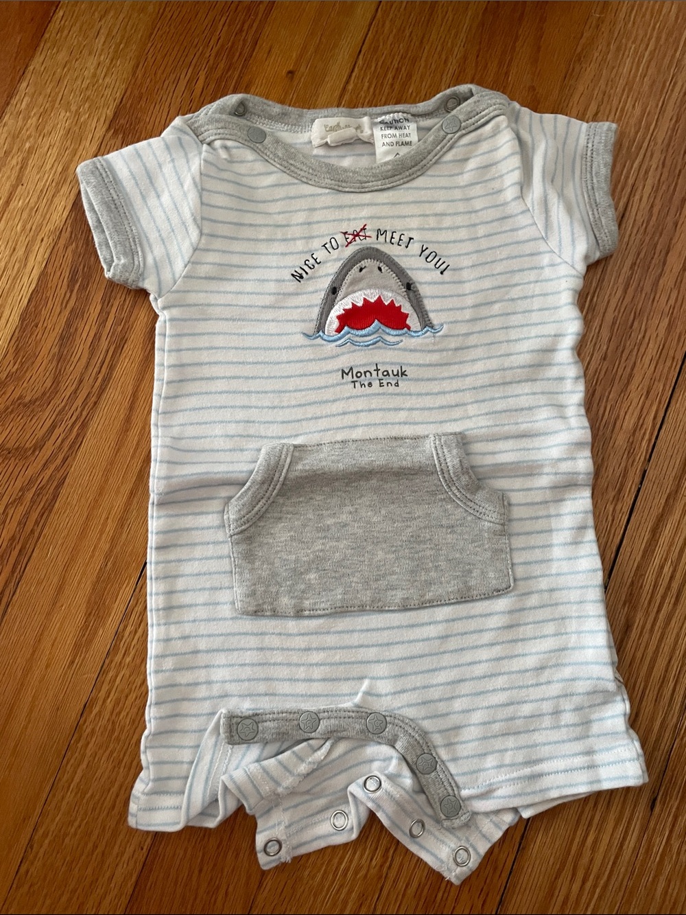 Striped Shark Pocket Baby Romper - Light Blue & Gray